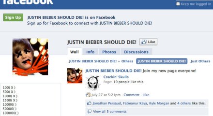 The Justin Bieber Should Die Facebook group.